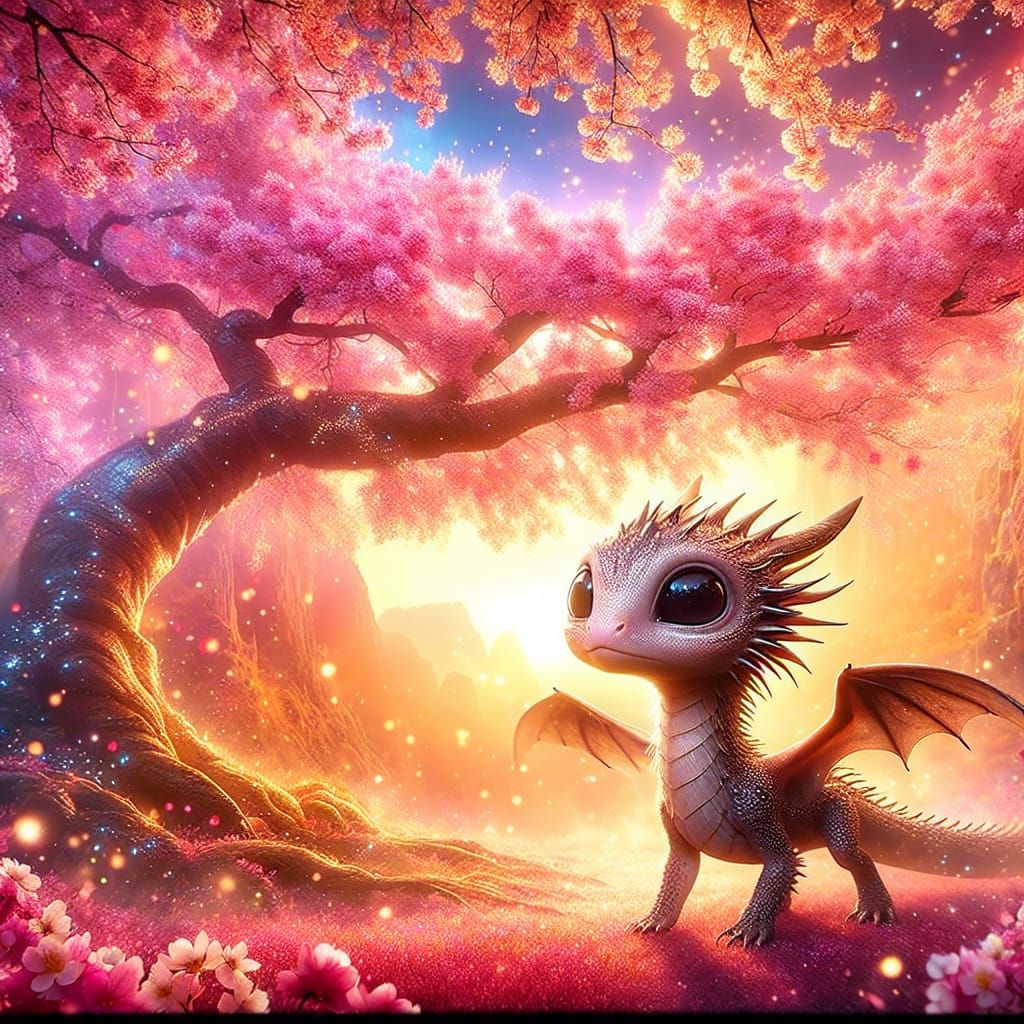Baby Dragon Under Sakura Tree at Sunset