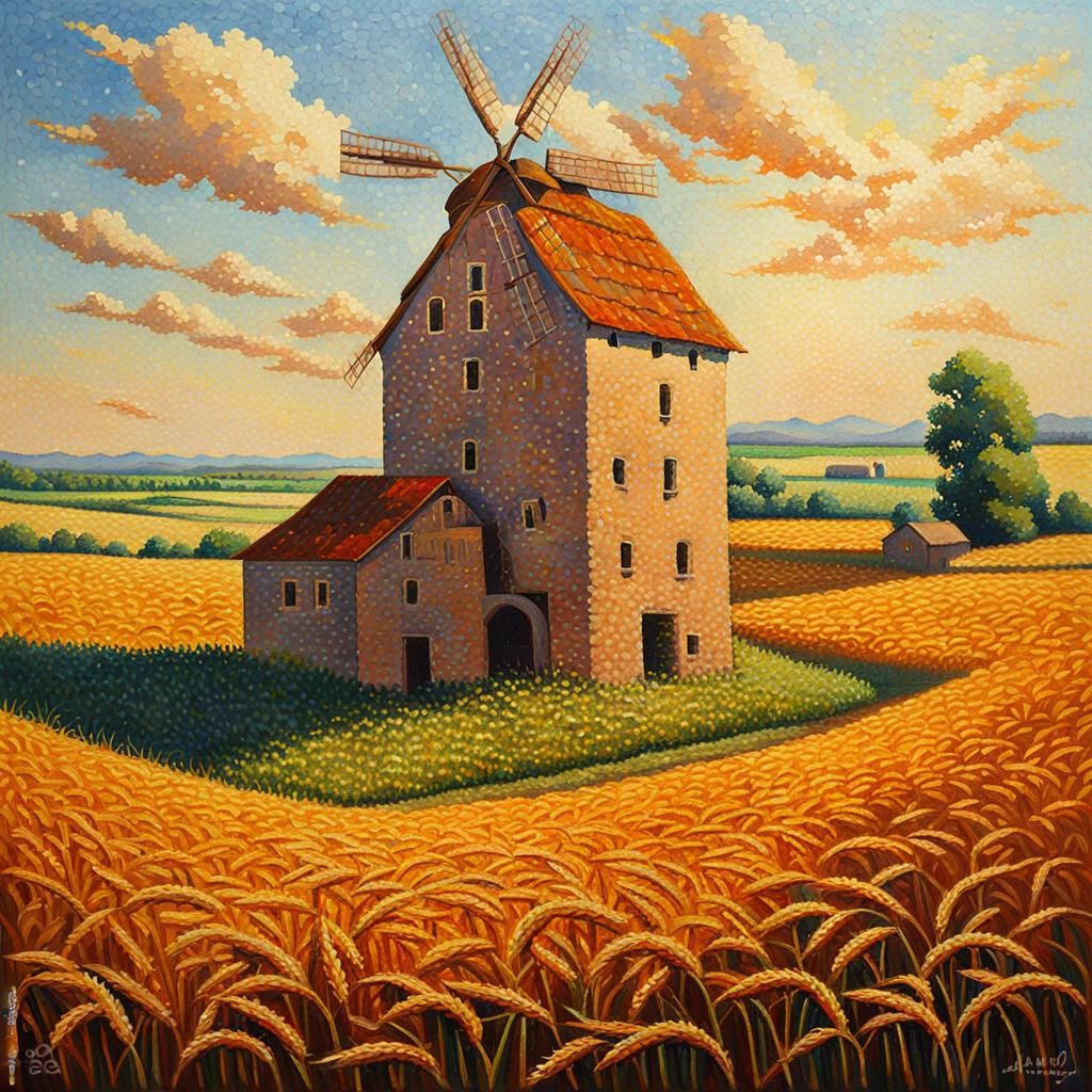 Pointillist Mill Amidst Golden Wheat Field