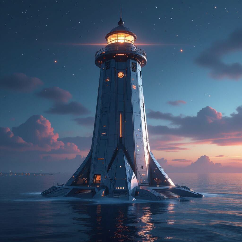 Futuristic Lighthouse Spacecraft in Neon Sci-Fi Style