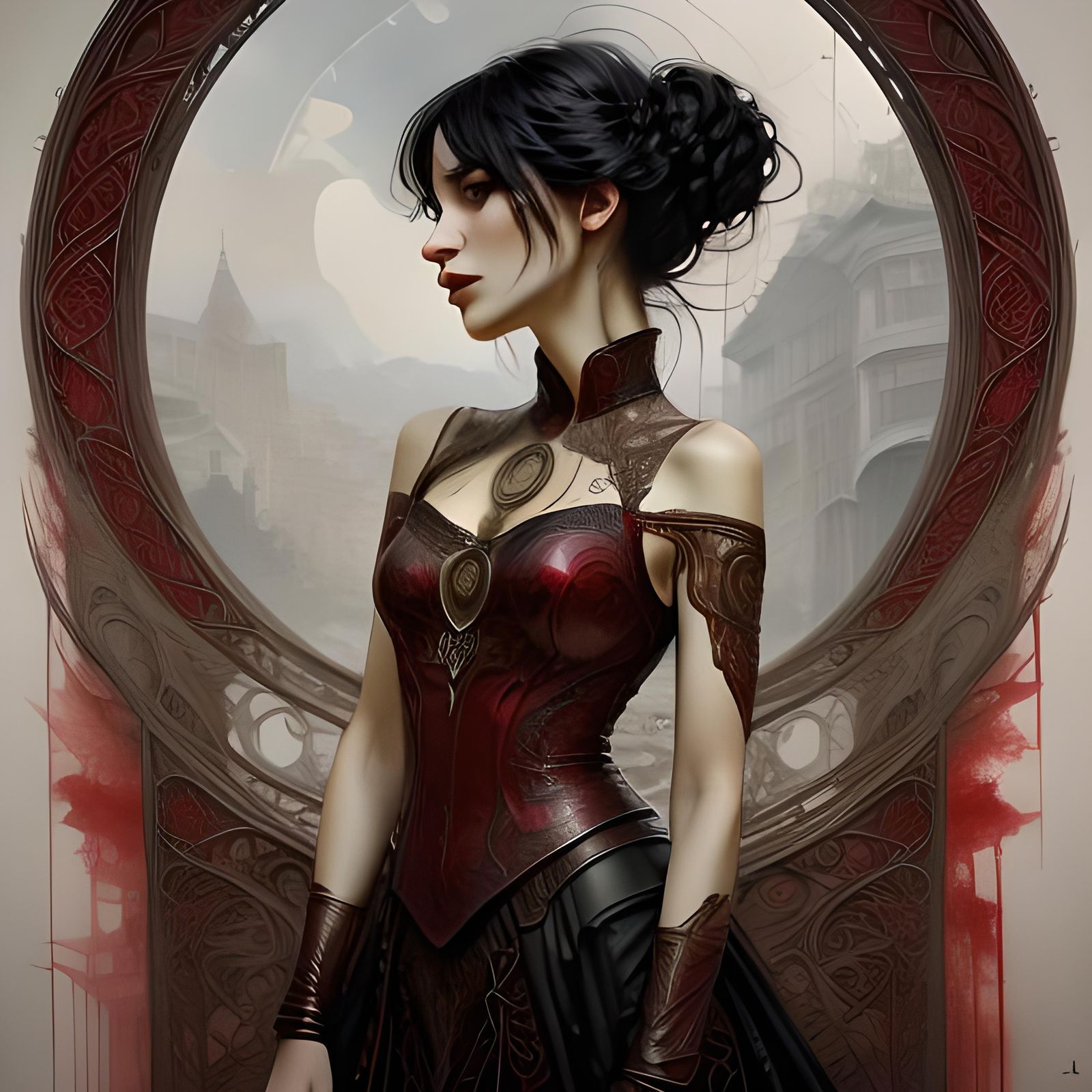 Opulent Red Portrait in Ink Painting Style