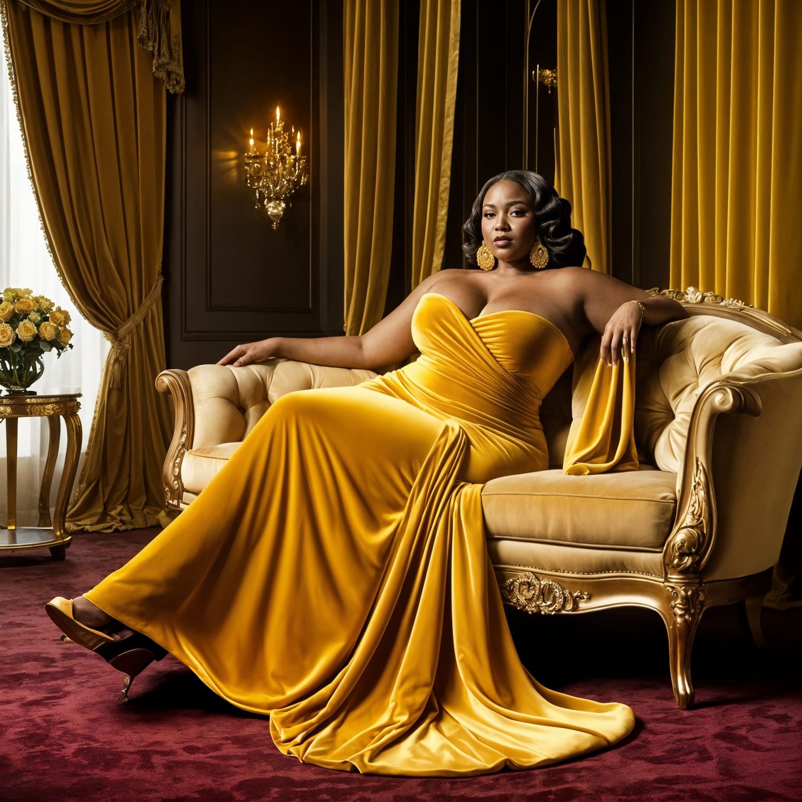 Confident Woman in Golden Gown Portrait