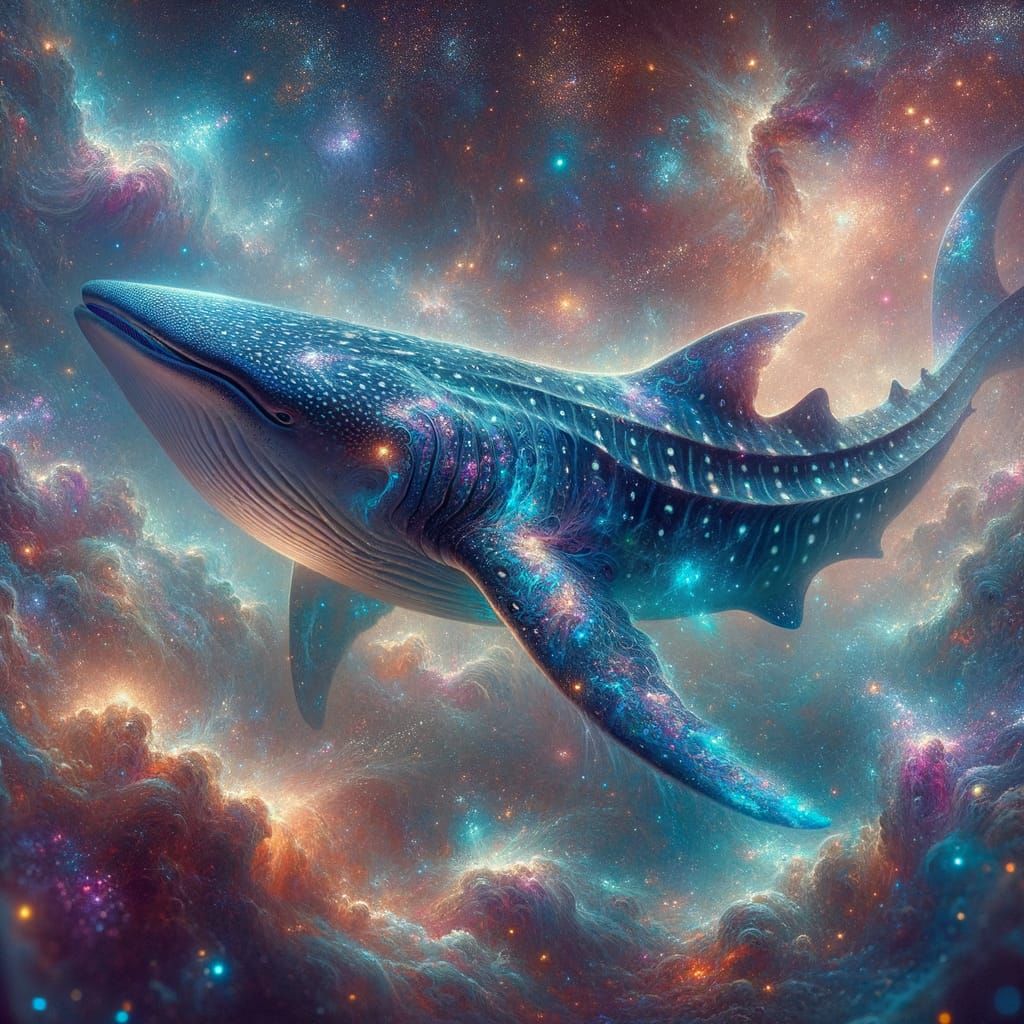 Bioluminescent Whale Shark in Cosmic Nebula