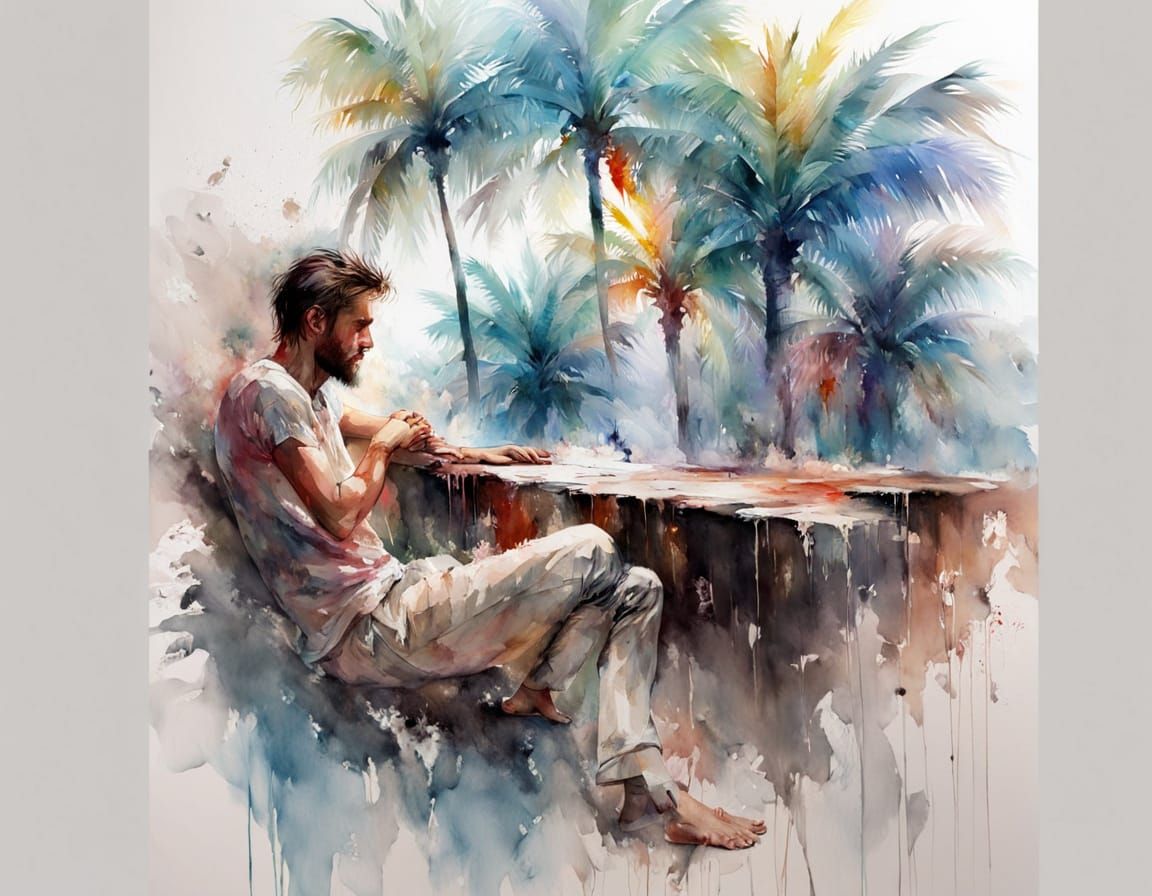 Man Under Palm Tree in Nature, Stylized Watercolour