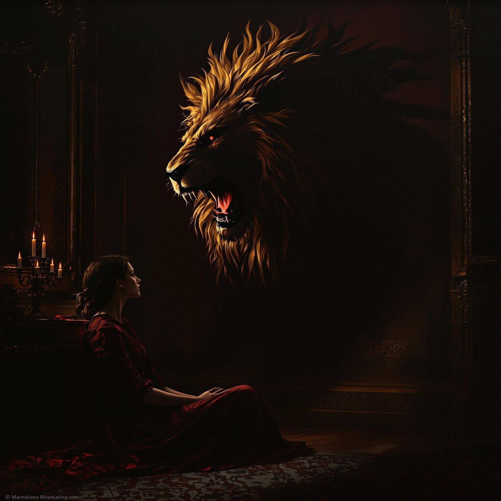 Chiaroscuro Painting: Figure and Lion Shadow