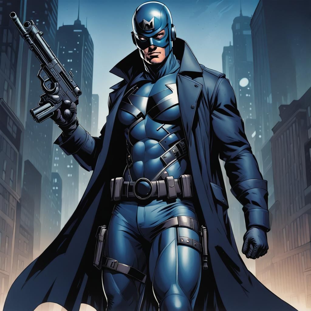 Superhero in Midnight Blue Costume with Machine Gun