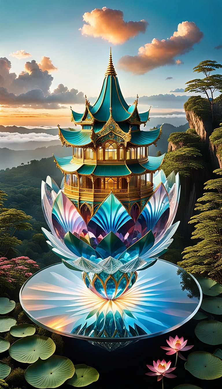 The pavilion with iridescence crystal solar energy lotus shaped panels and crystal observation deck