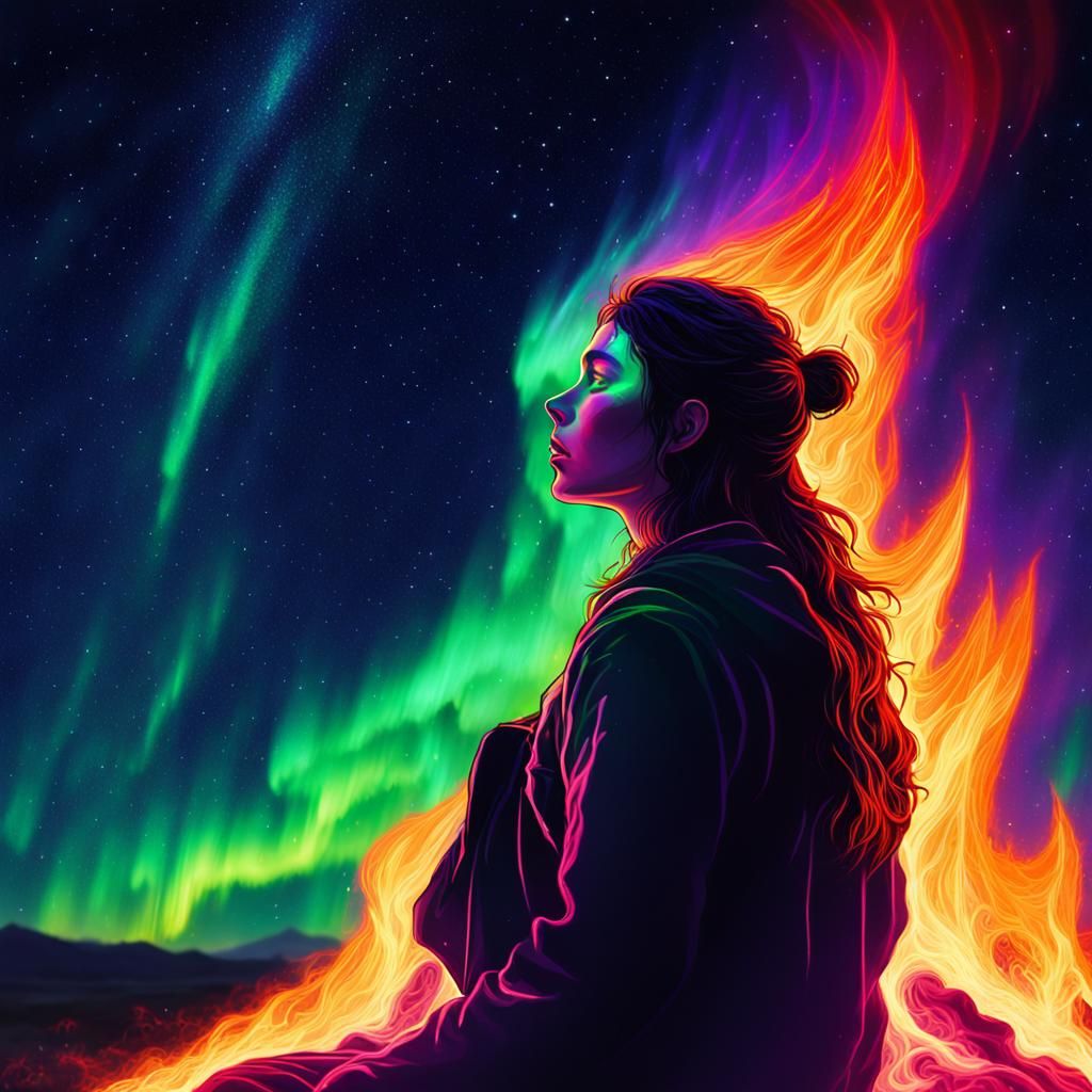 Ethereal Fire of Aurora Lights in Starry Sky
