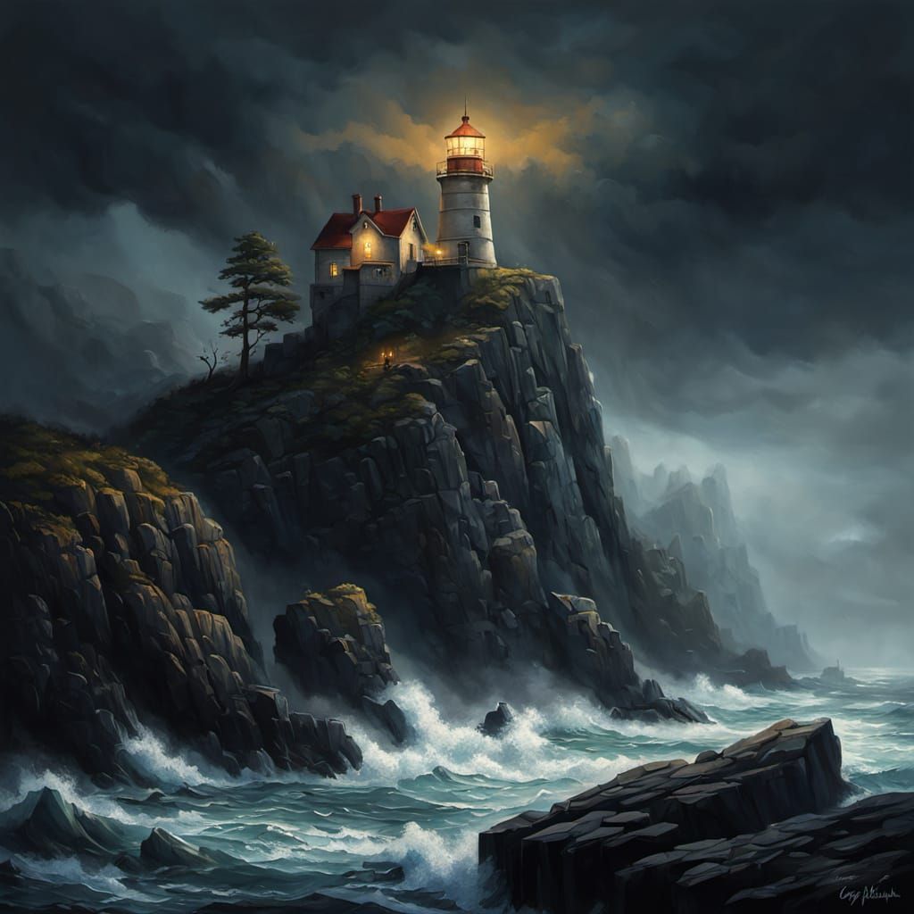 Eerie Lighthouse at Cliff's Edge in Dark Fantasy Art