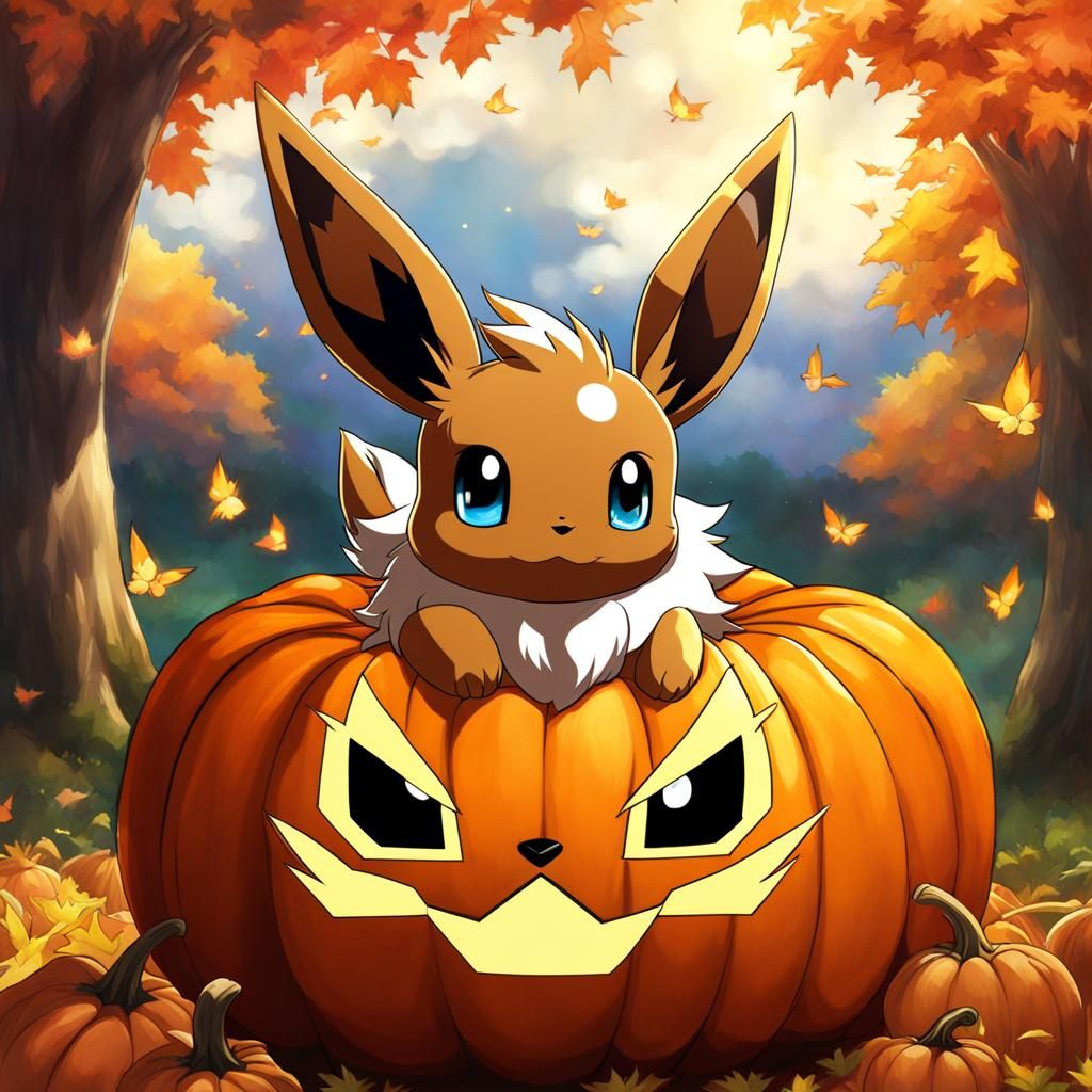 Eevee Pokemon on Pumpkin, Anime Style Digital Art