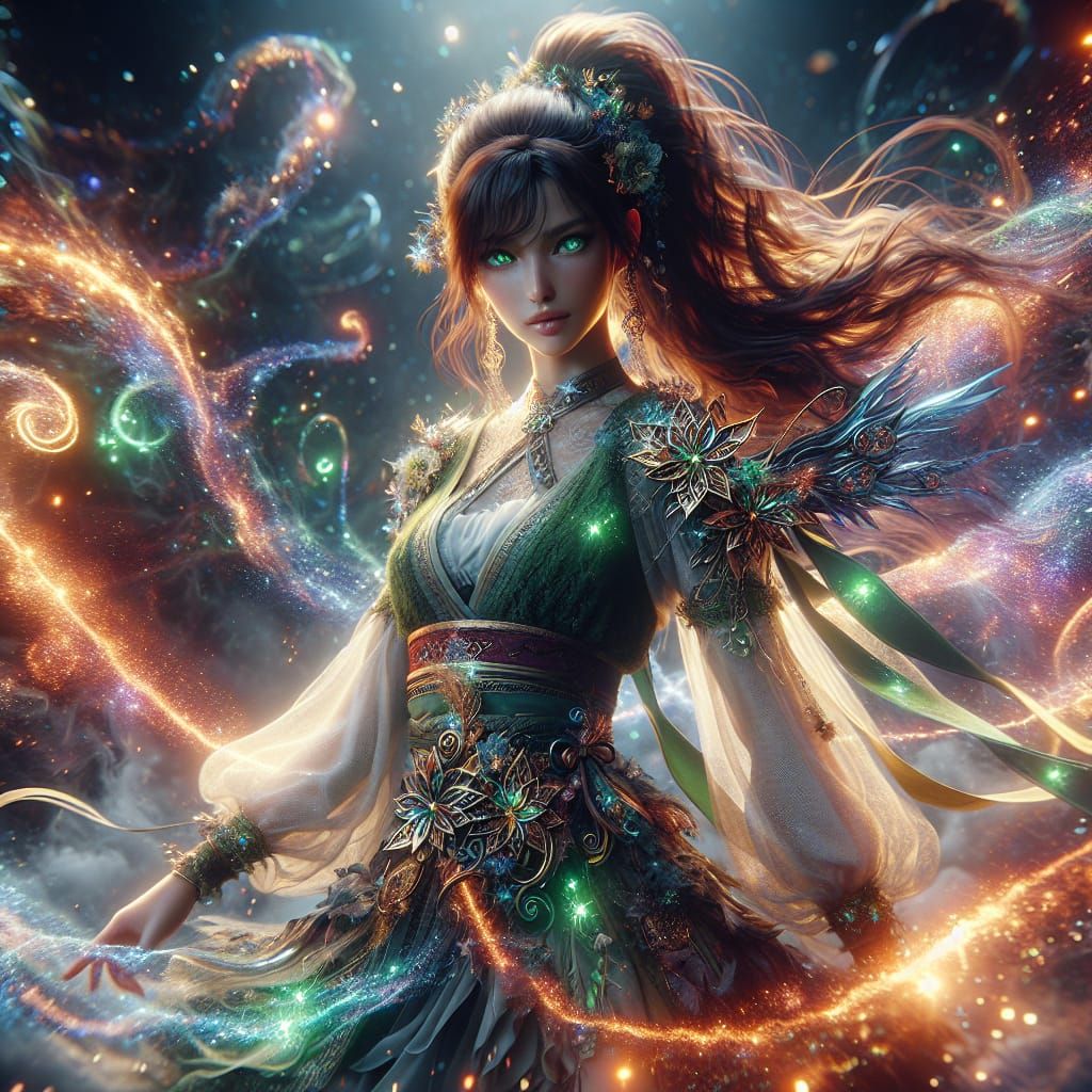 Enchanting Emerald-Eyed Warrior Amidst Electric Sparkles