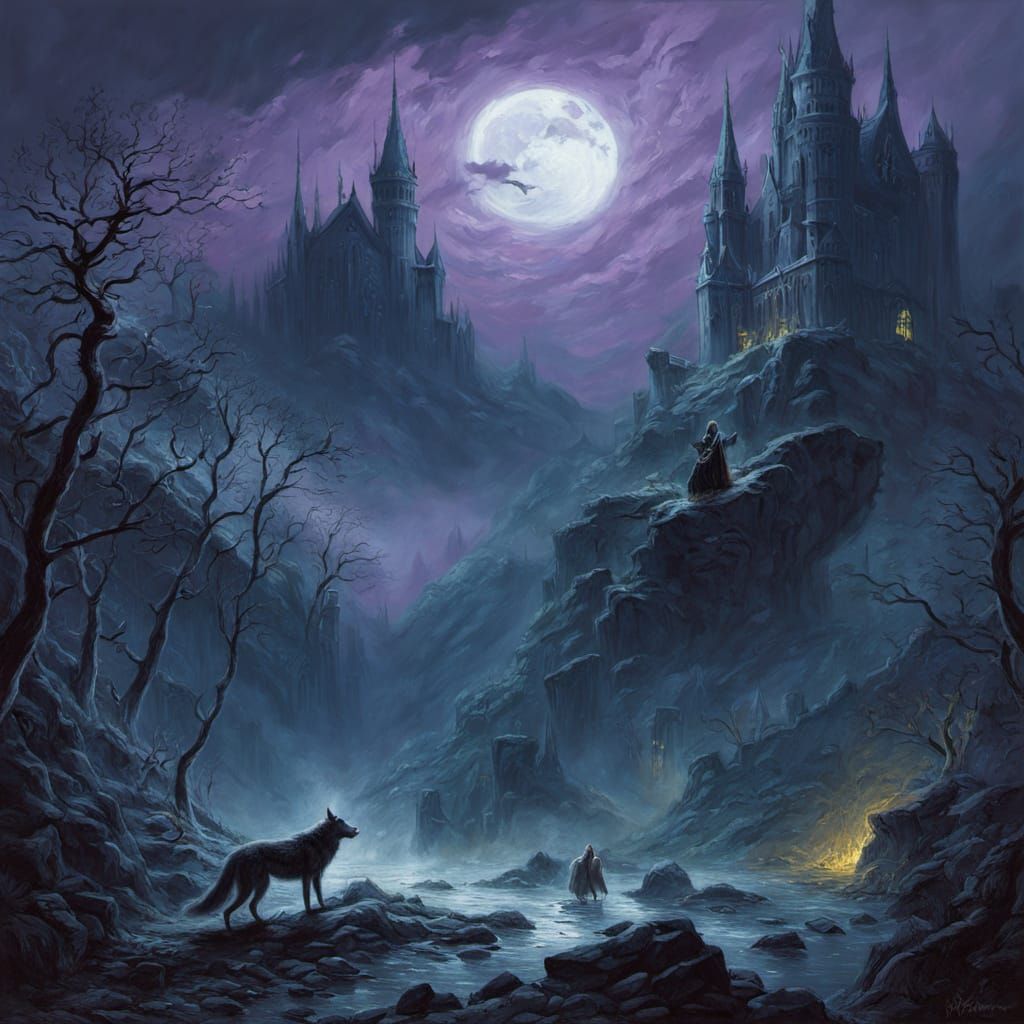 Gigantic Dire Wolves Roam a Dark Fantasy Landscape
