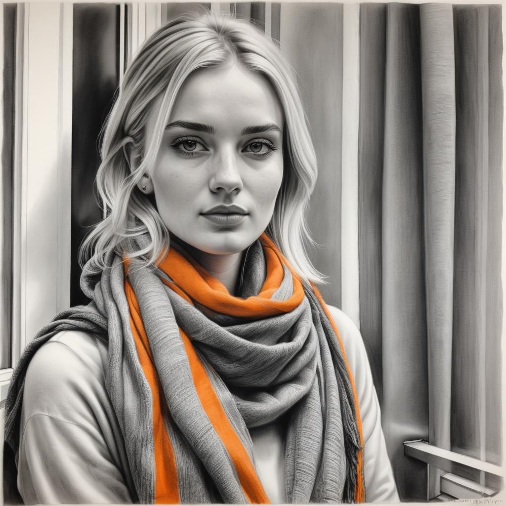 Girl at Window in Hyperdetailed Charcoal Drawing