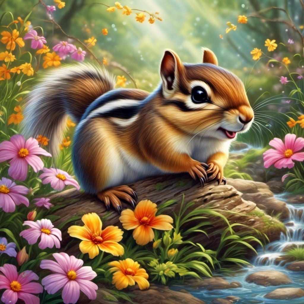 Adorable Chipmunk in Spring Woods, Detailed Painting