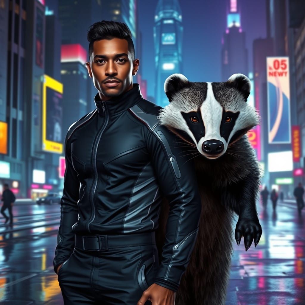 Dark-Skinned Hero Stands Proud with Majestic Badger in Futur...