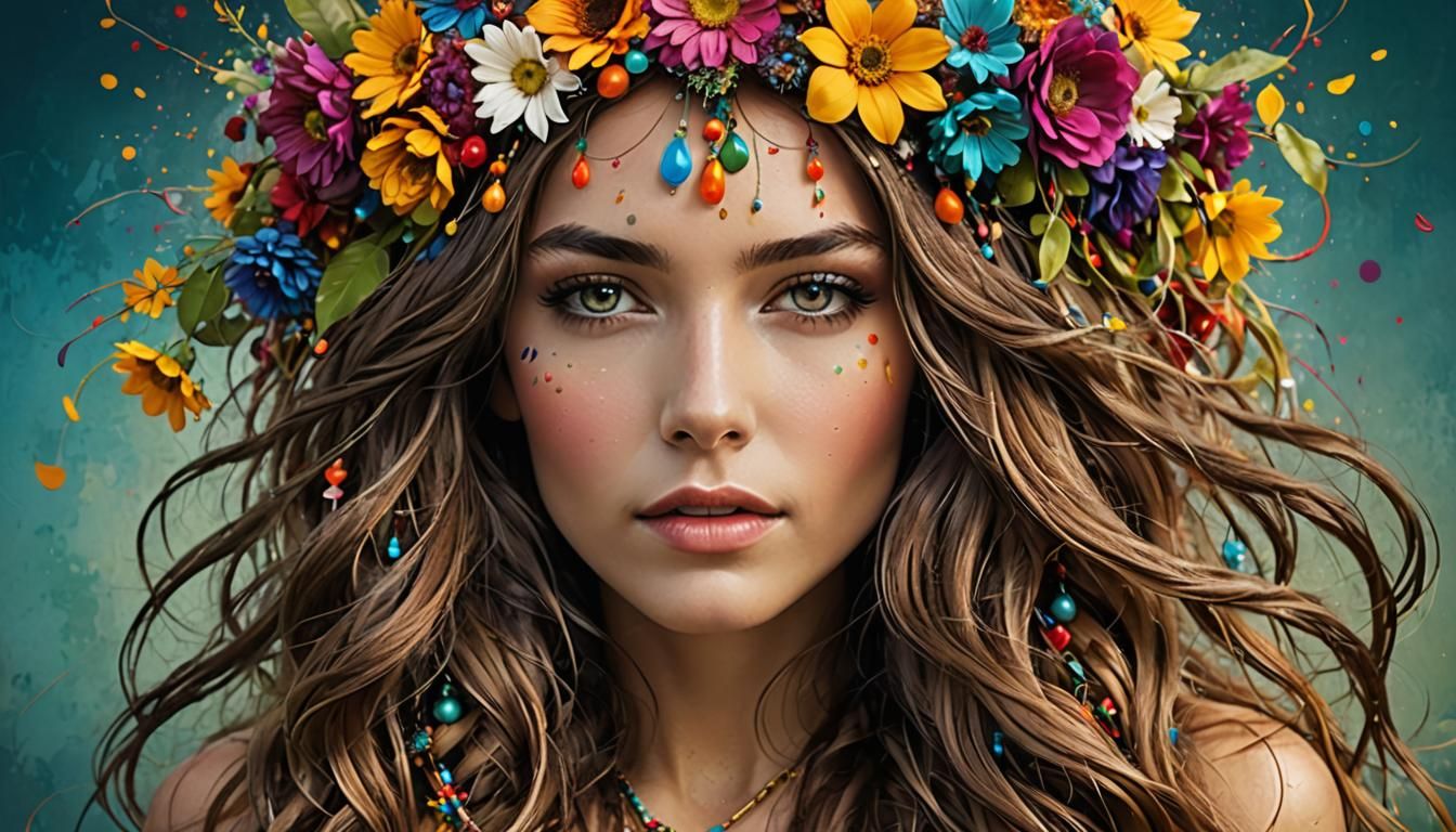 Hippy Lady with Floral Hair, Tonalist Painting