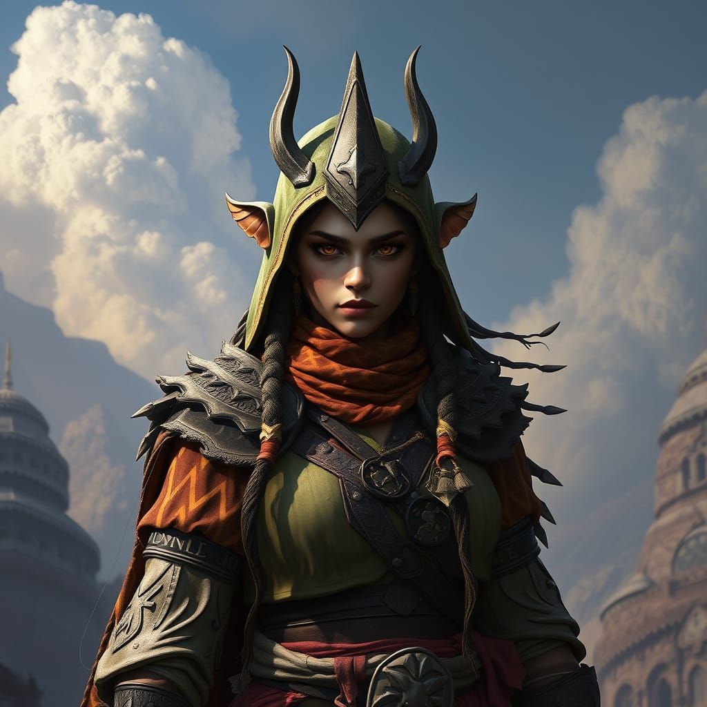 Fantastical Tabaxi Warrior in Intricate Fantasy Landscape