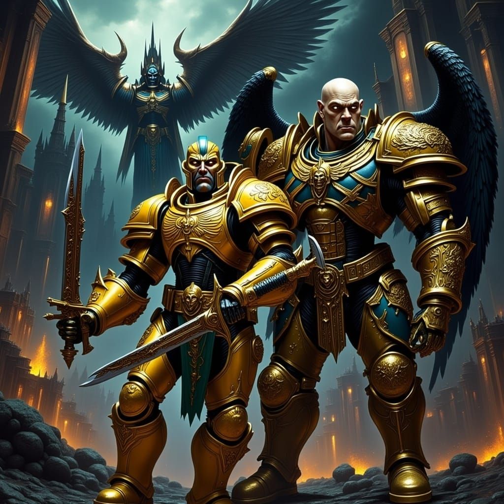 Armored Warrior and Warforged in Gothic City