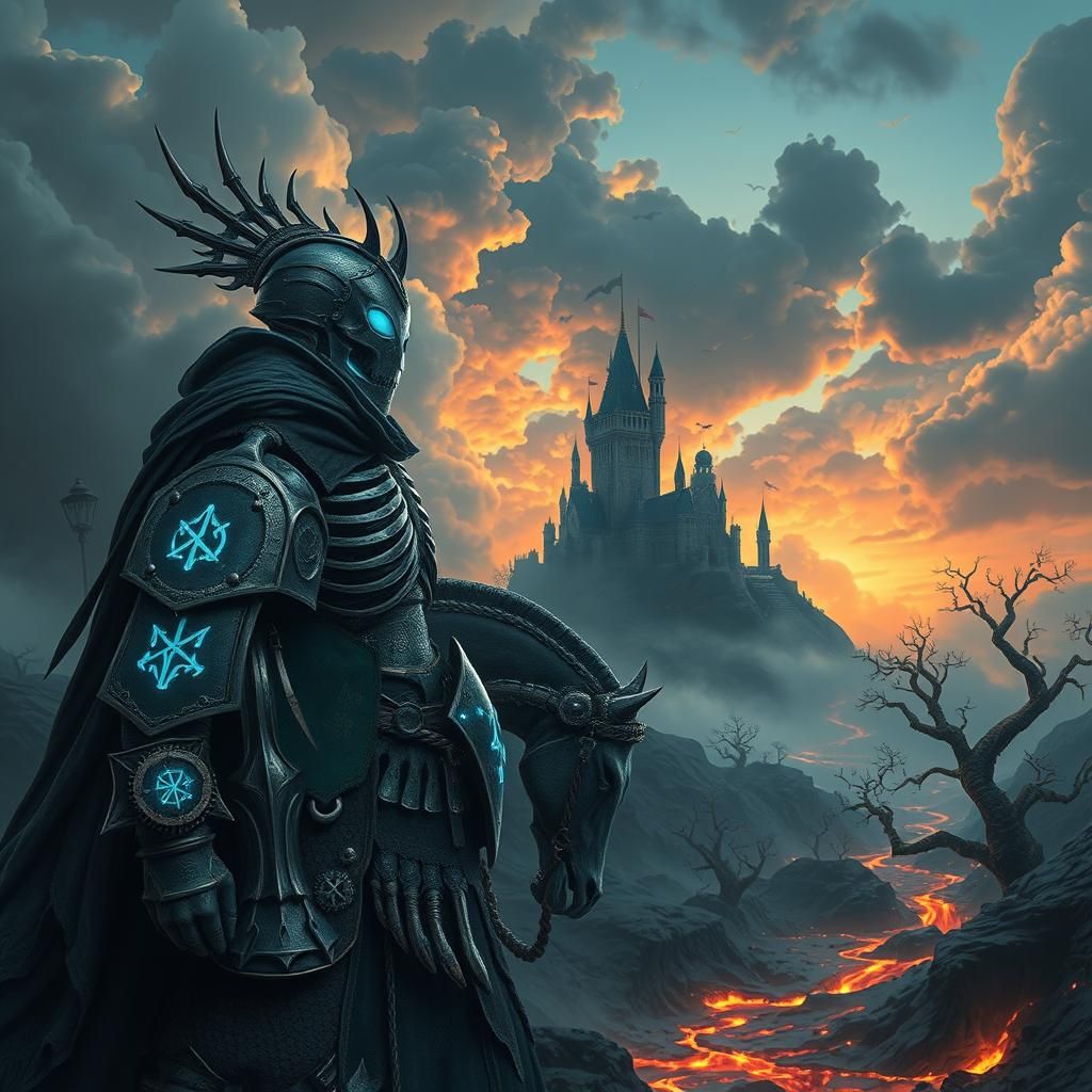 Skeletal Knight on Steampunk Steed with Lava River