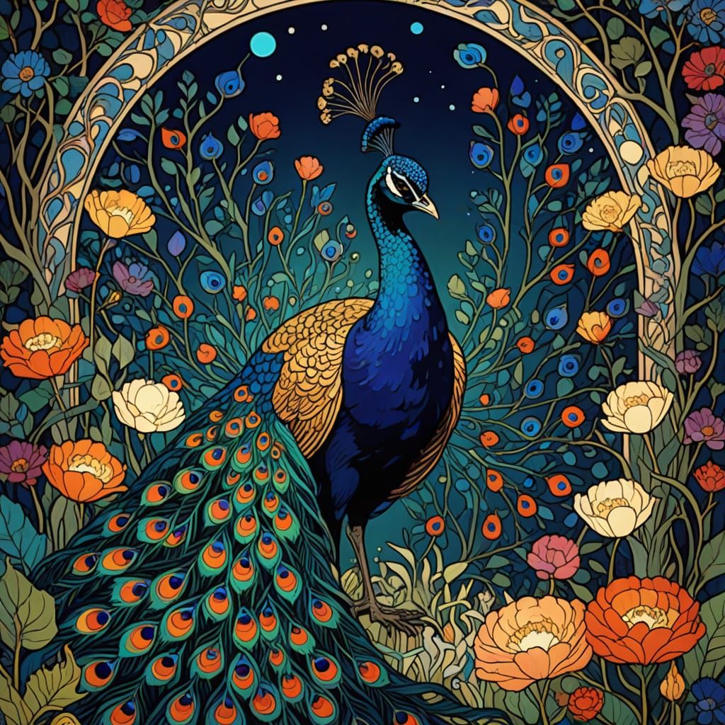 Peacock Displays Plumage in Art Nouveau Style