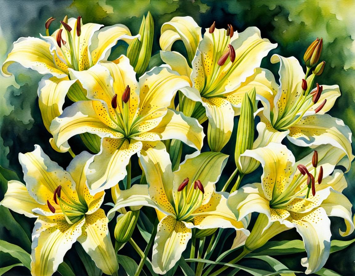 Watercolor Muscadet Lilies in a Yard