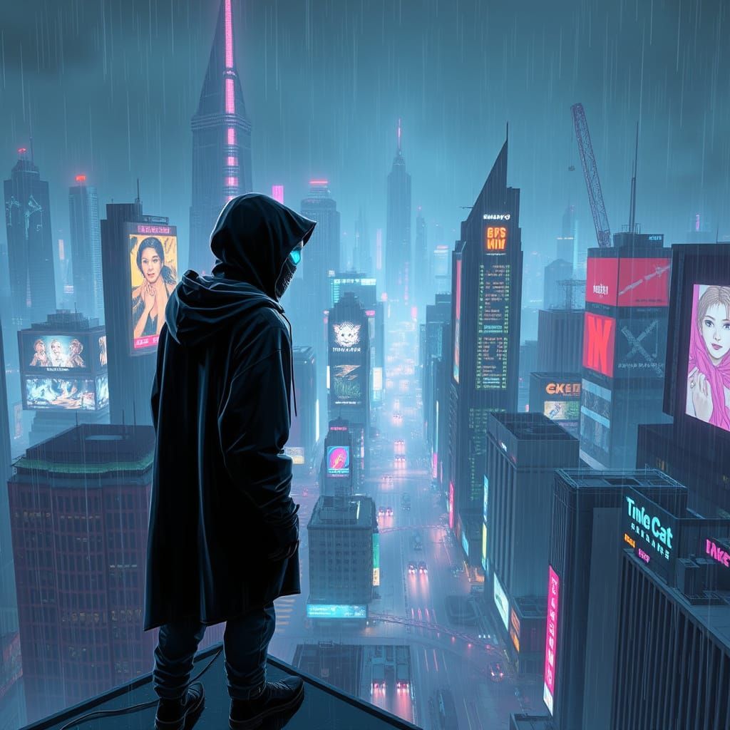 Cyberpunk Vigilante Standing on Rooftop, Gazing Out Over Neo...