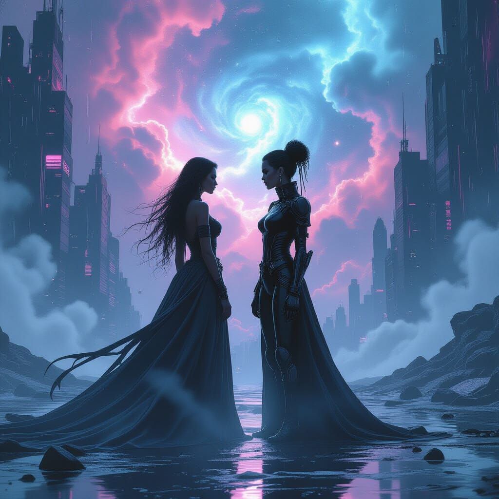 Cosmic Thunderstorm with Women in Dark Fantasy Style