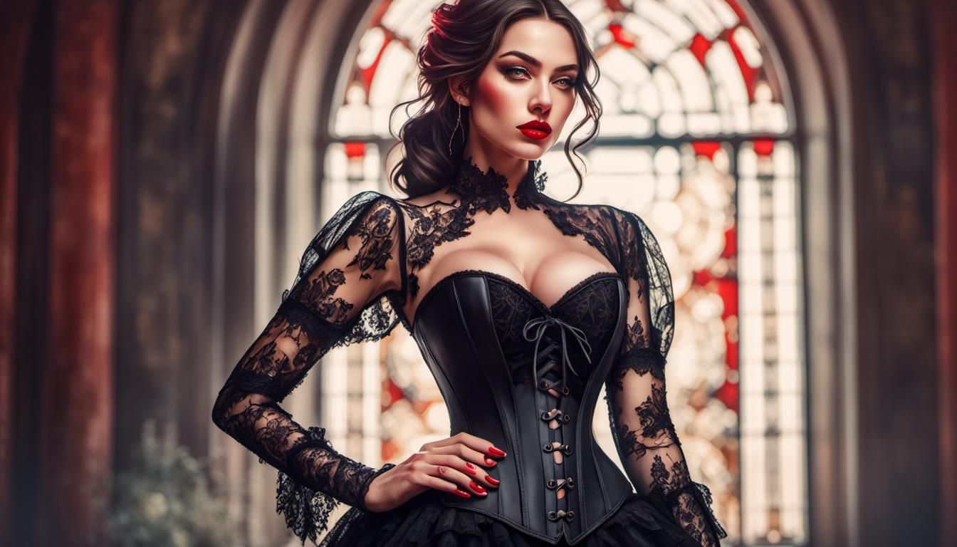Sensual Brunette in Lace Corset, Volumetric Lighting