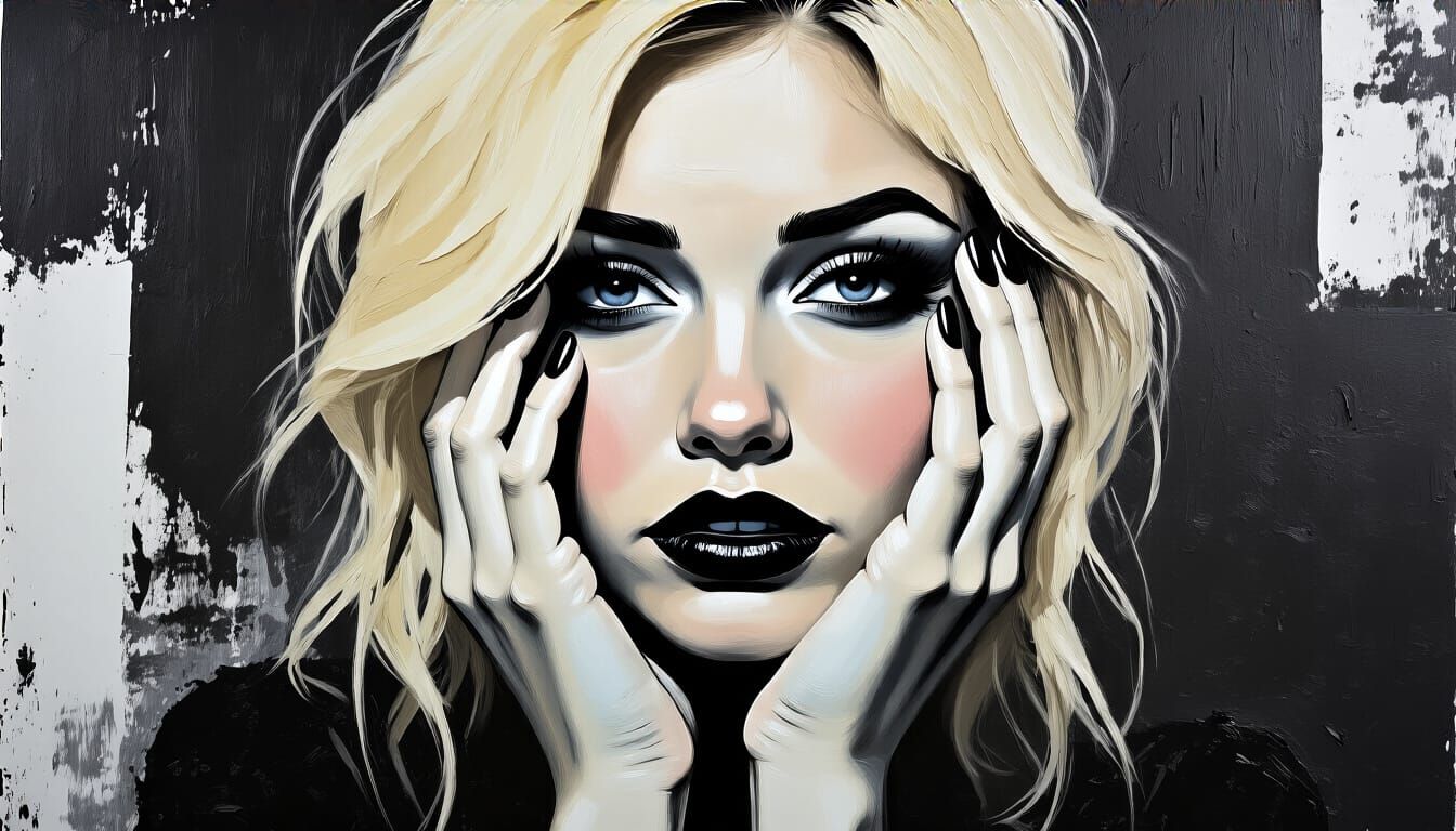 Nostalgic Blonde Woman in Black and White Impasto Painting