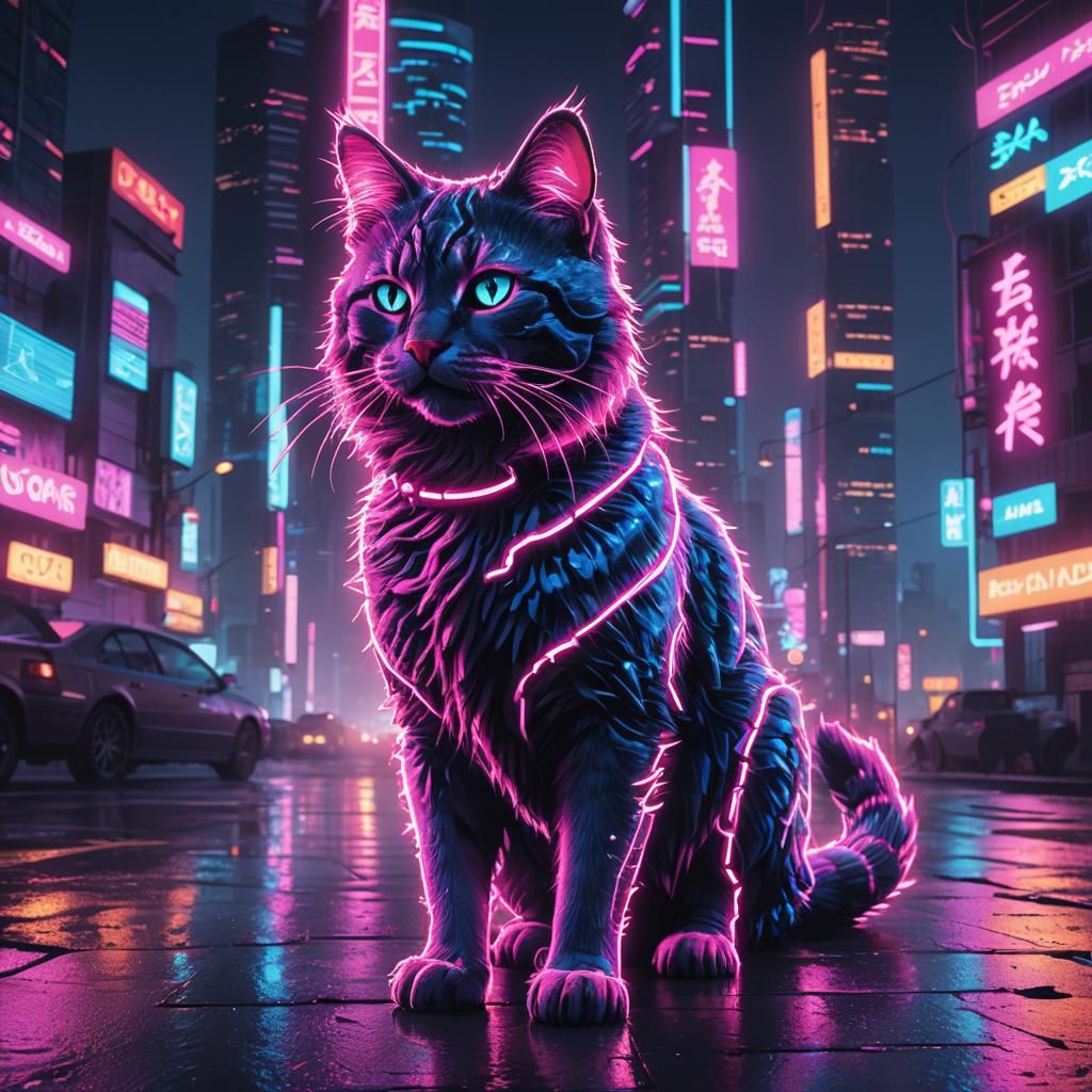 Electric Cat in Neon City: Synthwave Retro Art