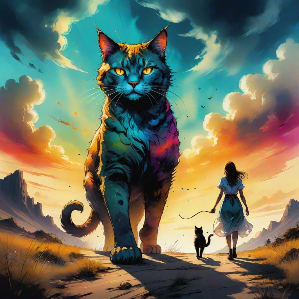 Giant Cat and Woman in Alcohol Ink Style