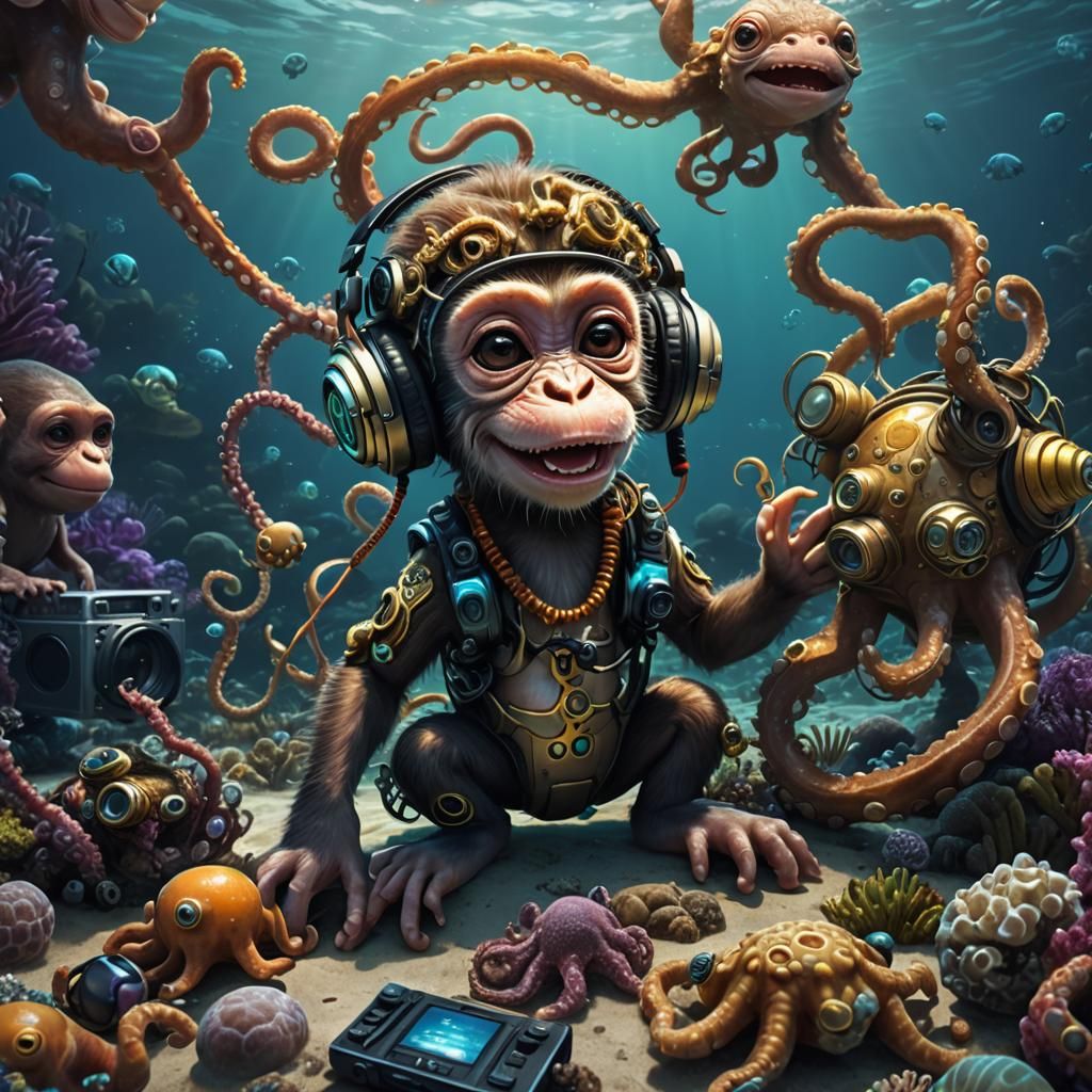 Underwater Monkey DJ with Octopus in Matte Painting