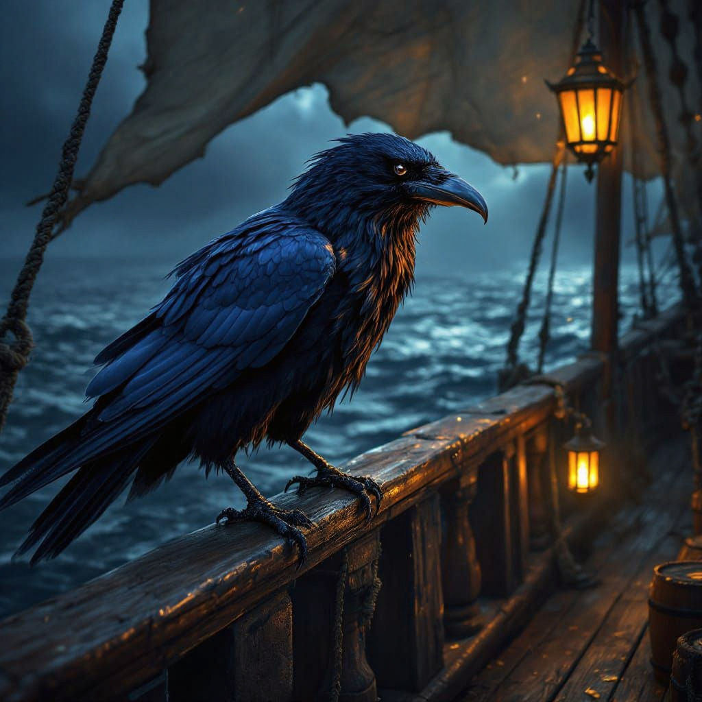 Majestic Raven on Pirate Ship Rail with Gold Doubloon