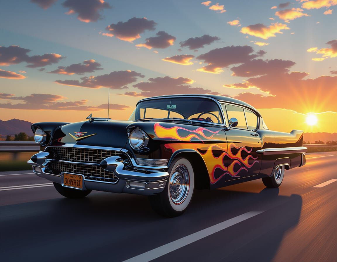 Ed Roth Style Cadillac Hot Rod Speeds on Sunset Highway