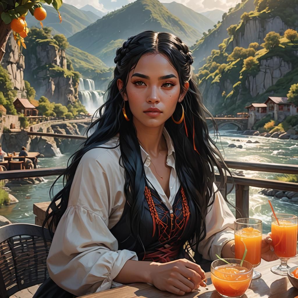 Cafe Scene with Woman in Fantasy Landscape