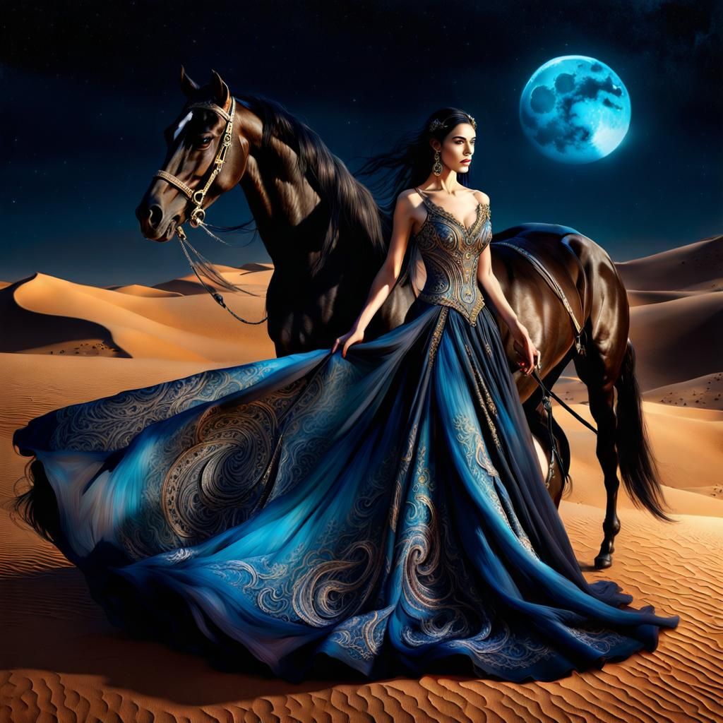 A beautiful Lady  elegantly guides her Arabian steed through...