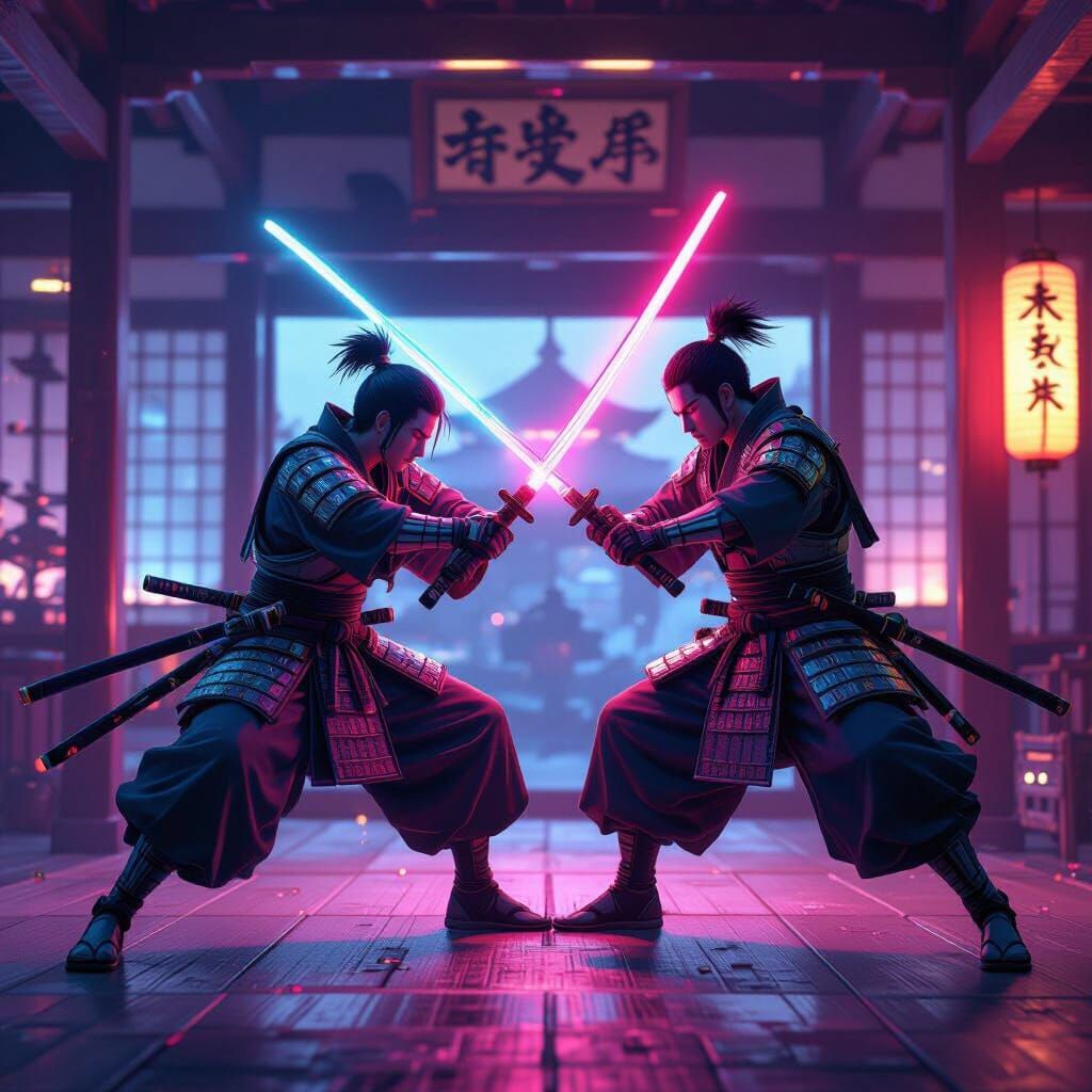Cyberpunk Shinobi vs Samurai in Neon Dojo