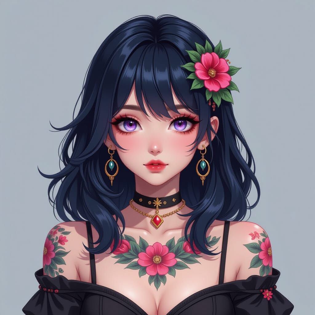 Goth Girl With Floral Tattoo In Detailed Anime Style