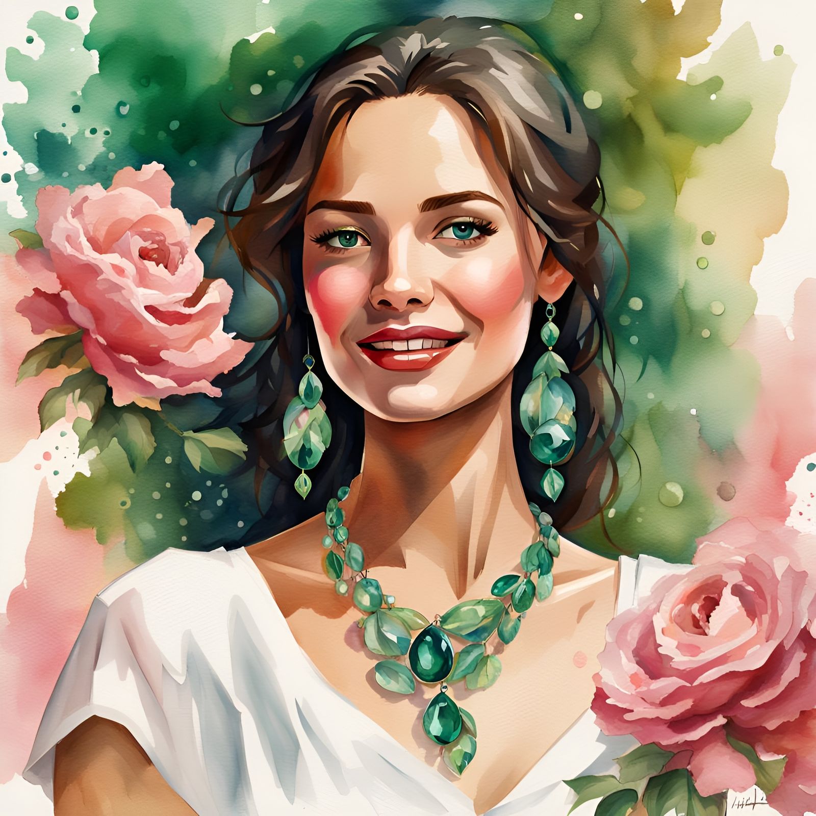 Beautiful Woman with Emerald Pendant: Watercolor Painting