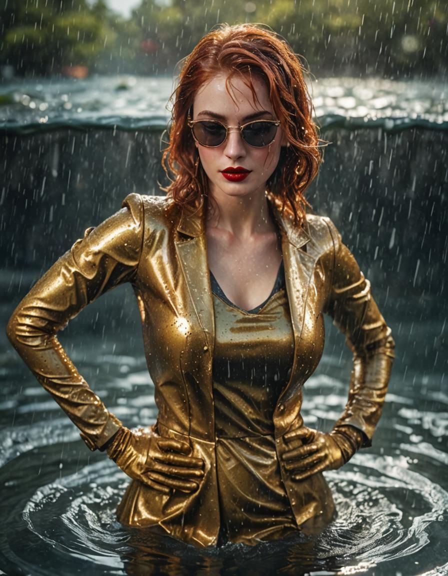 Glamorous Woman in Wet Gold Dress, Photorealistic Image