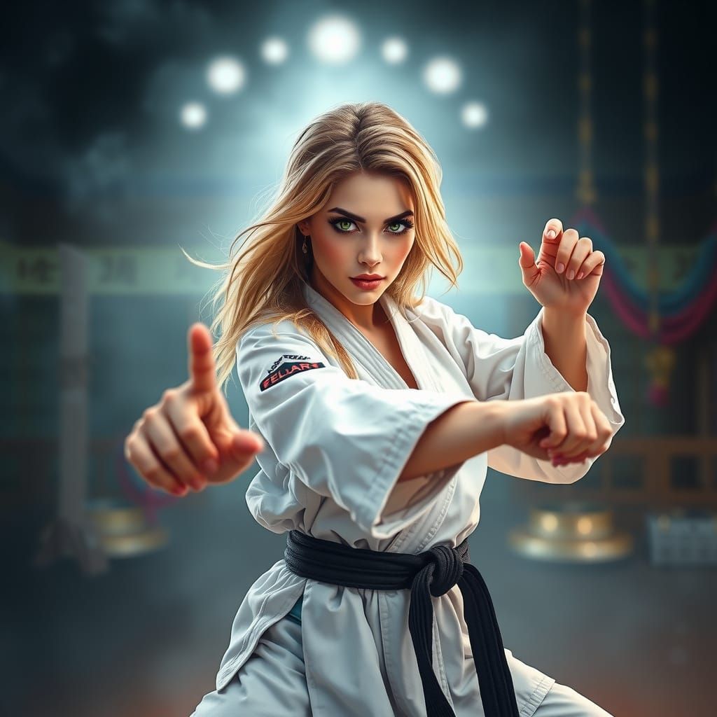 Karate Woman in Mystical Dojo: Fantasy Watercolor Art