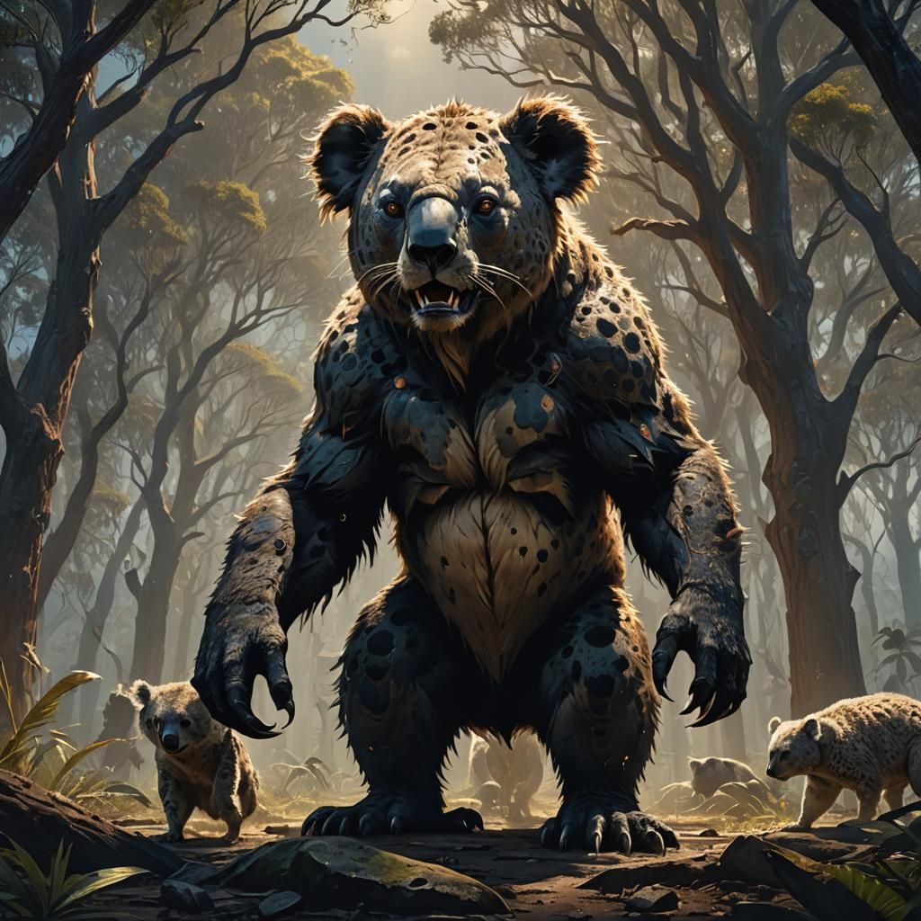 Jaglion and Koala Confrontation in Dark Fantasy Style