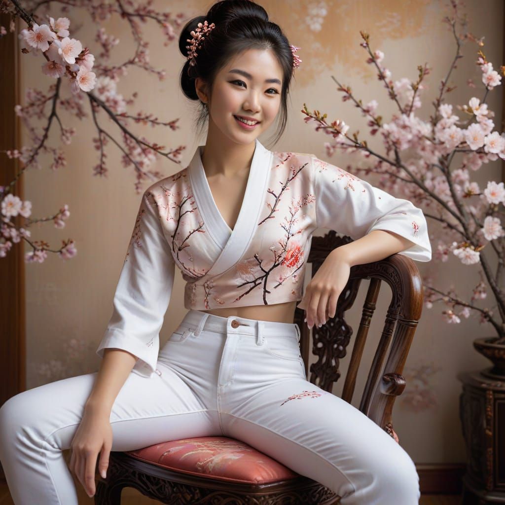 Smiling Geisha in Jeans Sits on Ornate Chair