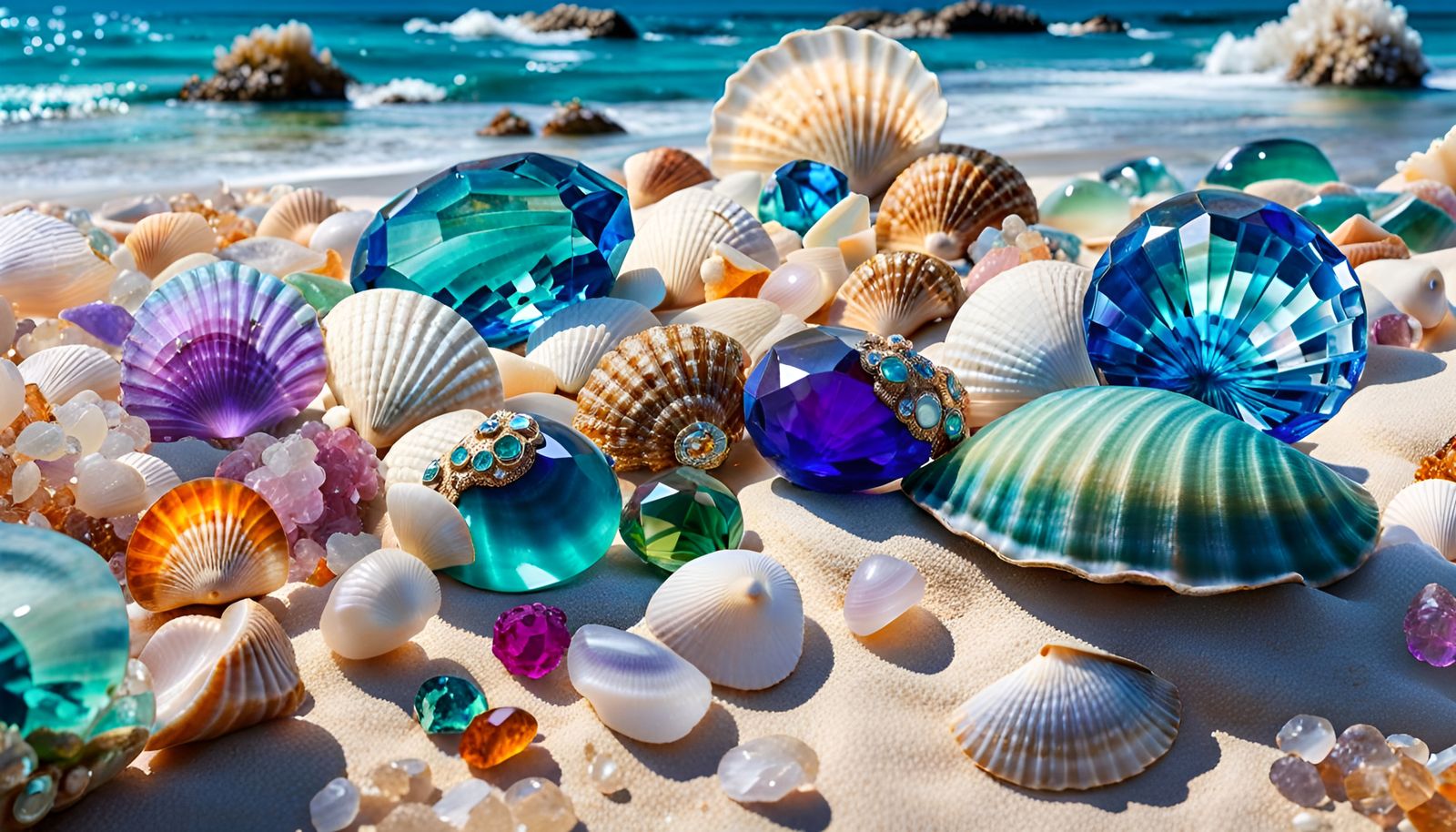 Bejeweled Ocean Scene with Gemstones and Seashells