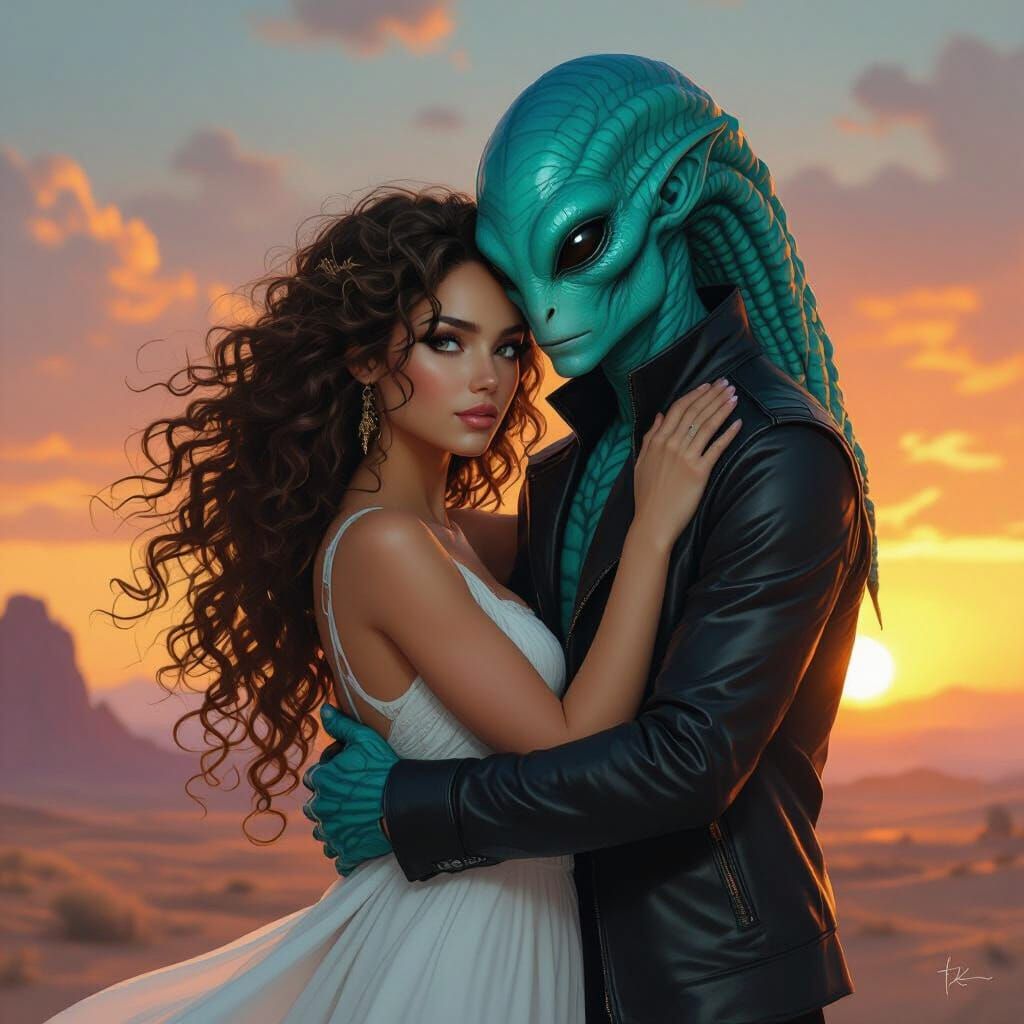 Alien and Human Embrace on Distant Planet