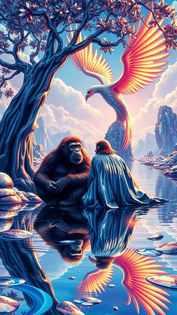 Ethereal Chrome Orangutans Amidst Liquid Mercury