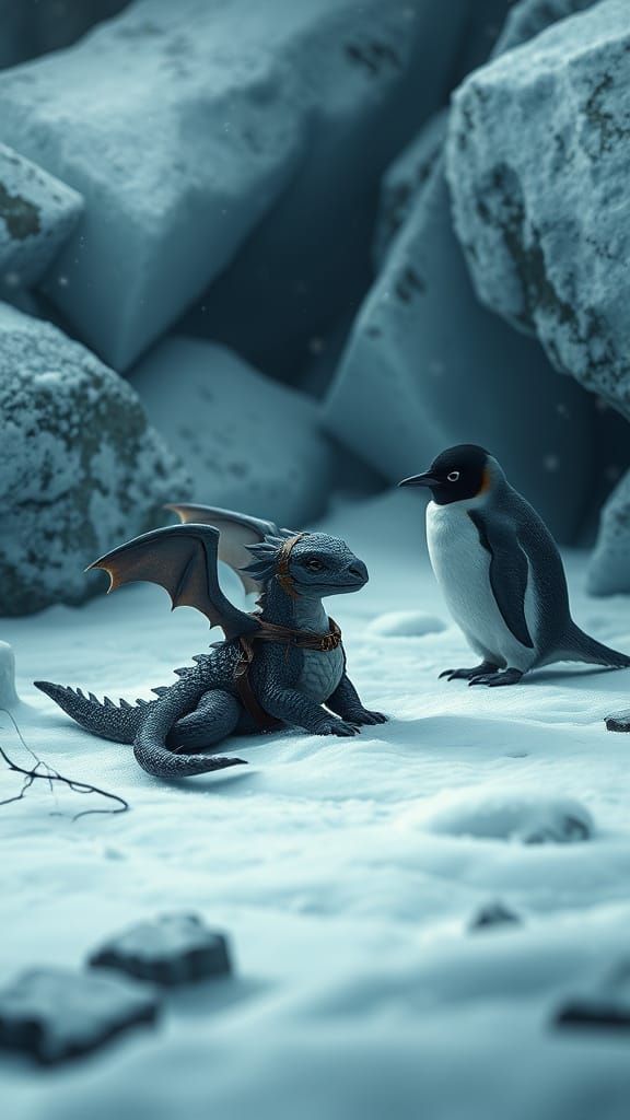 Injured Baby Dragon and Penguin in Snowy Scene