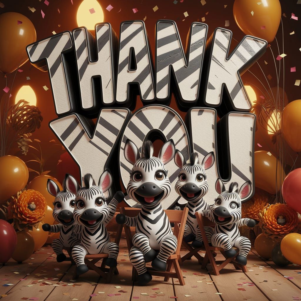 In a dimly lit room filled with vibrant balloons and confetti falling gently from above, large 3D zebra-striped text "TH...