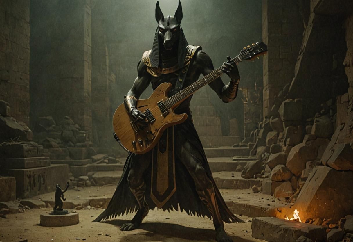 Anubis Plays Guitar in Dark Crypt