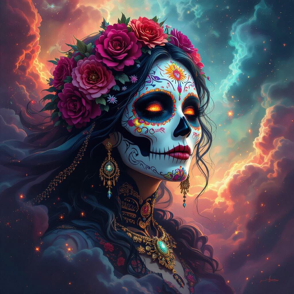 La Catrina, the spirit of Muerte, reimagined as a celestial being, floats serenely amidst a swirling nebula of cosmic du...
