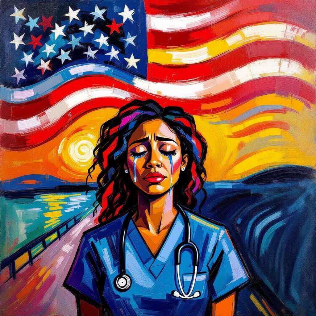 Overwhelmed ER Doctor Beneath Distorted Flag